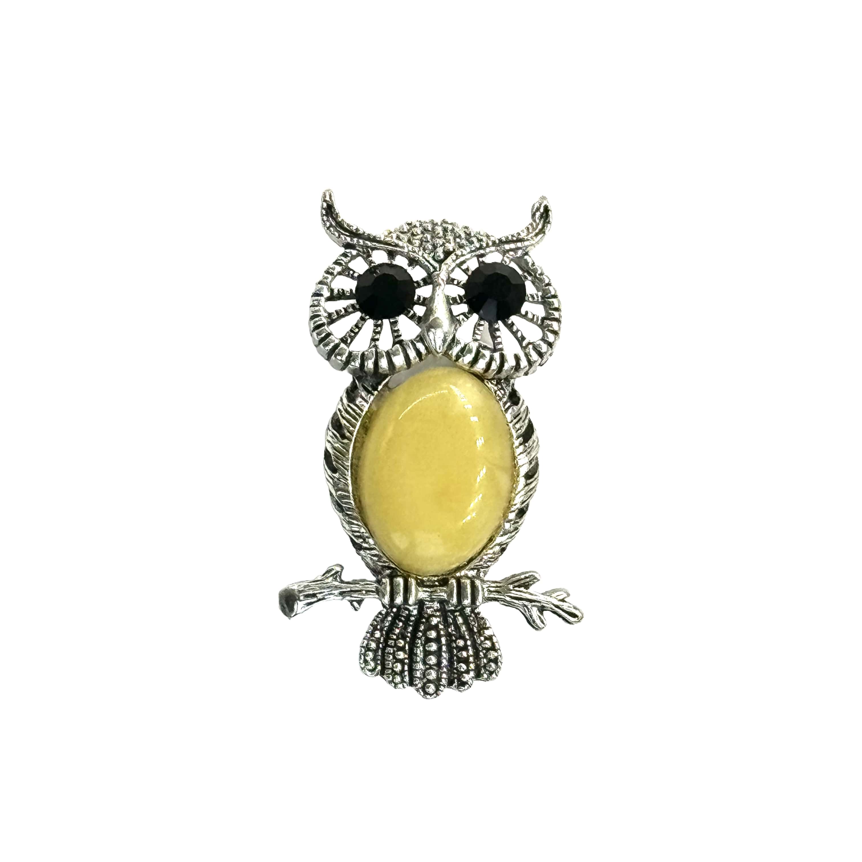 Natural Baltic amber owl brooch with glowing amber eyes — the amber animal menagerie, handcrafted in Brooklyn USA by KIZIMA
