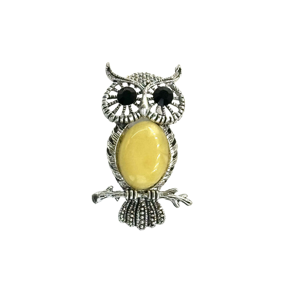 Natural Baltic amber owl brooch with glowing amber eyes — the amber animal menagerie, handcrafted in Brooklyn USA by KIZIMA