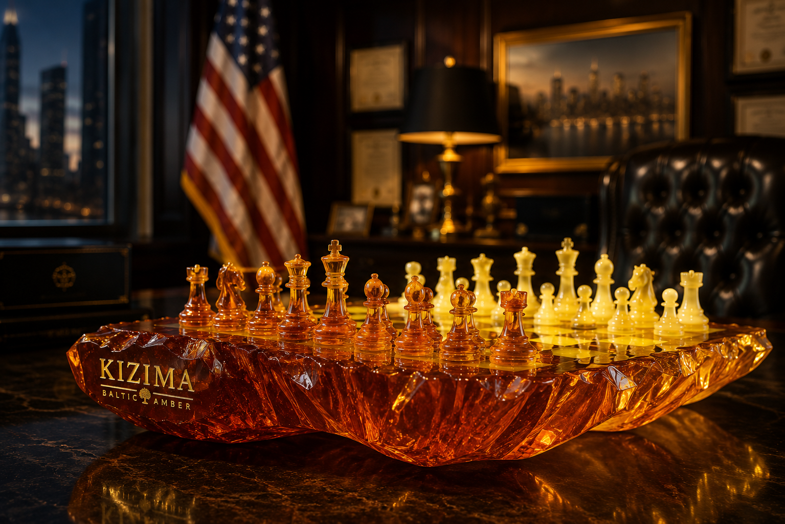 Königsberg Imperial large natural Baltic amber chess set detail — royal amber gifts at European courts, handcrafted in Brooklyn USA by KIZIMA