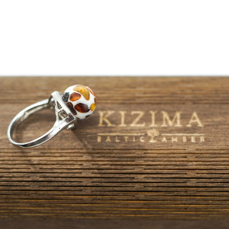Designer natural Baltic amber mosaic ring — custom amber design one-of-a-kind piece, handcrafted in Brooklyn USA by KIZIMA