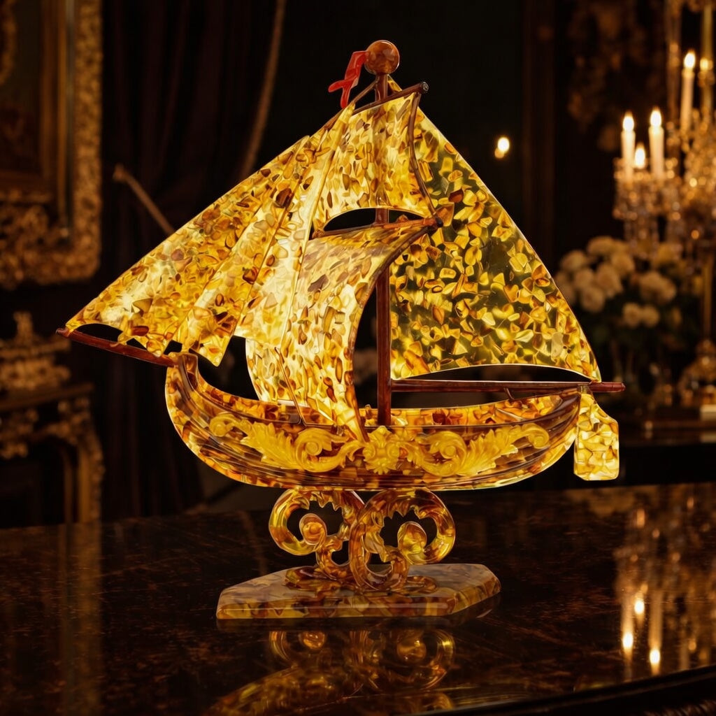 Sailboat ship natural Baltic amber sculpture — amber at sea sailors ports and a stone that floats, handcrafted in Brooklyn USA by KIZIMA