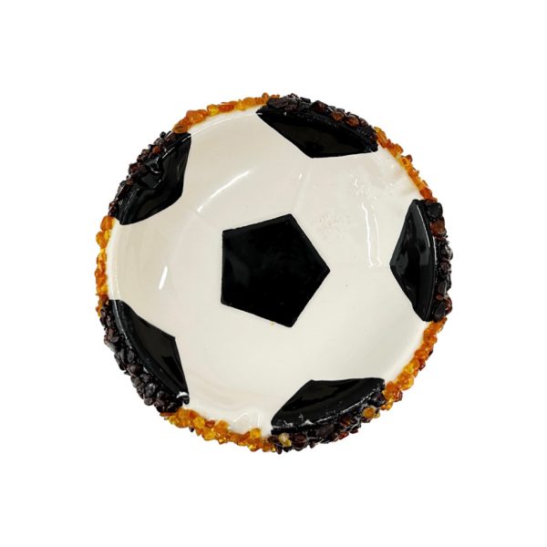 Handmade Baltic amber soccer ball ashtray by KIZIMA® USA — natural amber decor, side view
