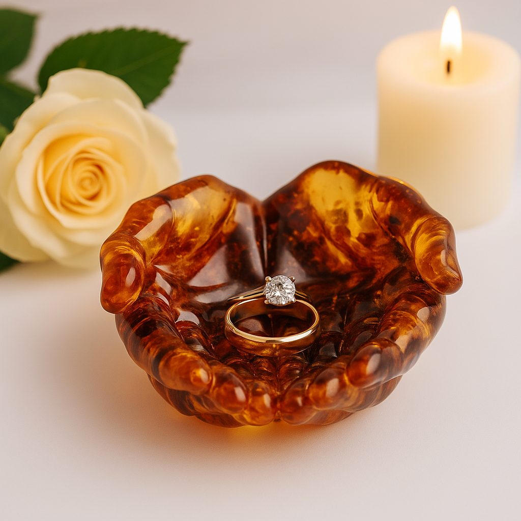 Baltic amber Hands of Love bowl by KIZIMA® — genuine amber gift, made in USA, close-up