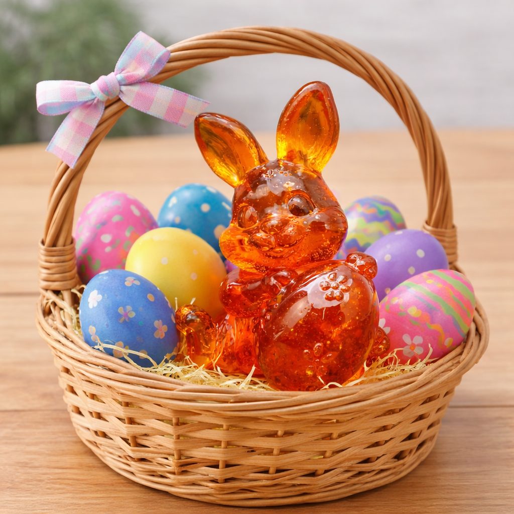 KIZIMA® bunny holding egg Baltic amber figurine — genuine amber decor, handmade in USA, detail view