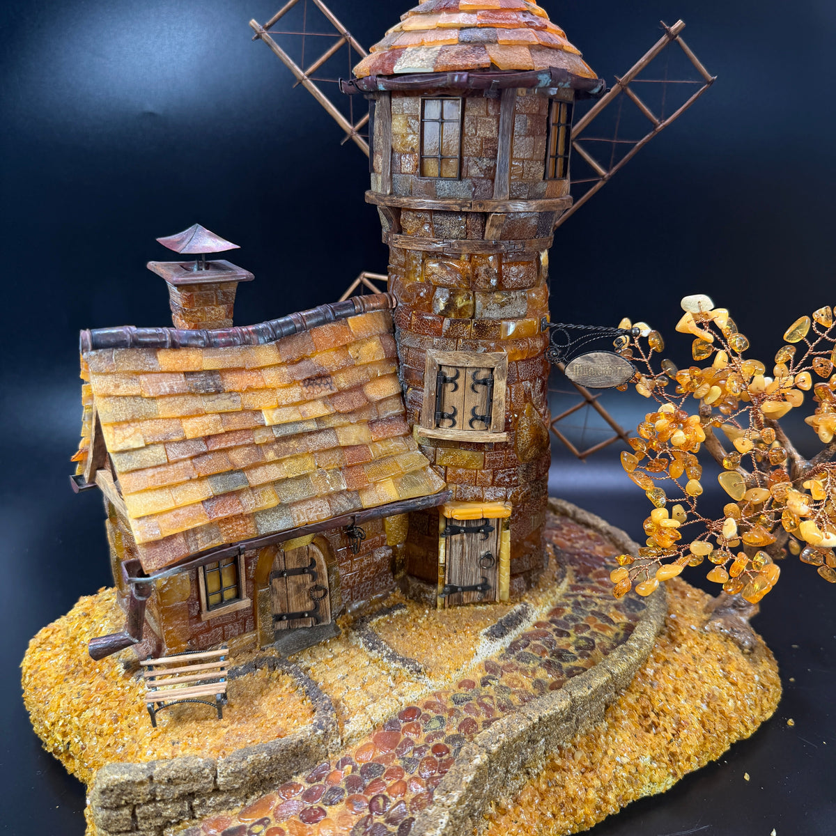 Baltic amber Königsberg Mill statue by KIZIMA® — genuine amber collectible, made in USA, side view