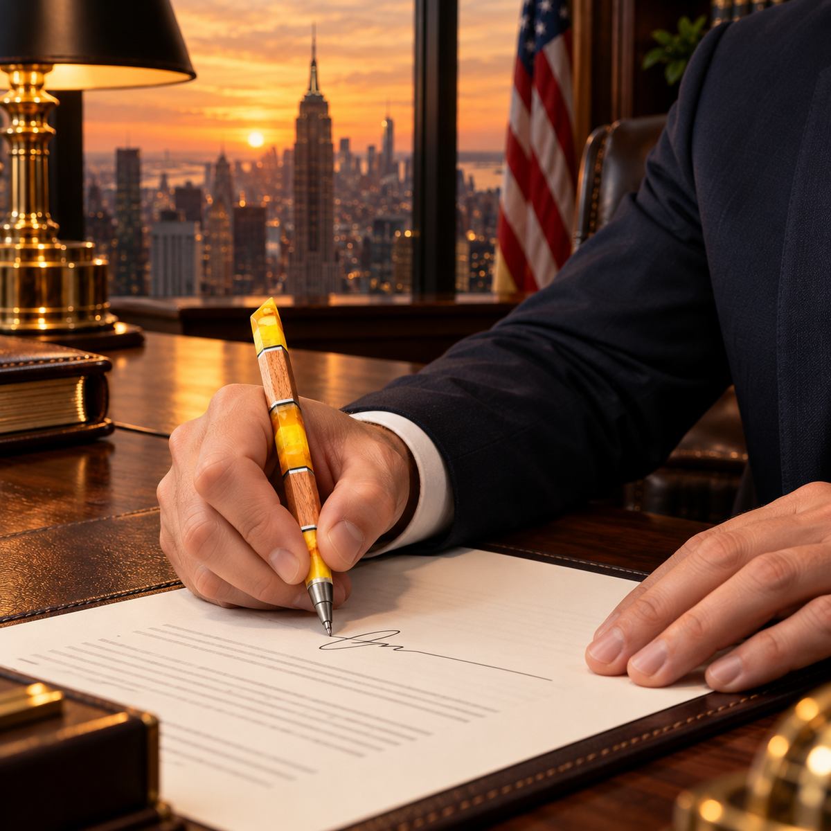 Businessman signing documents with a Natural Baltic Amber and bog oak pen by KIZIMA® — Made in USA executive gift for a boss