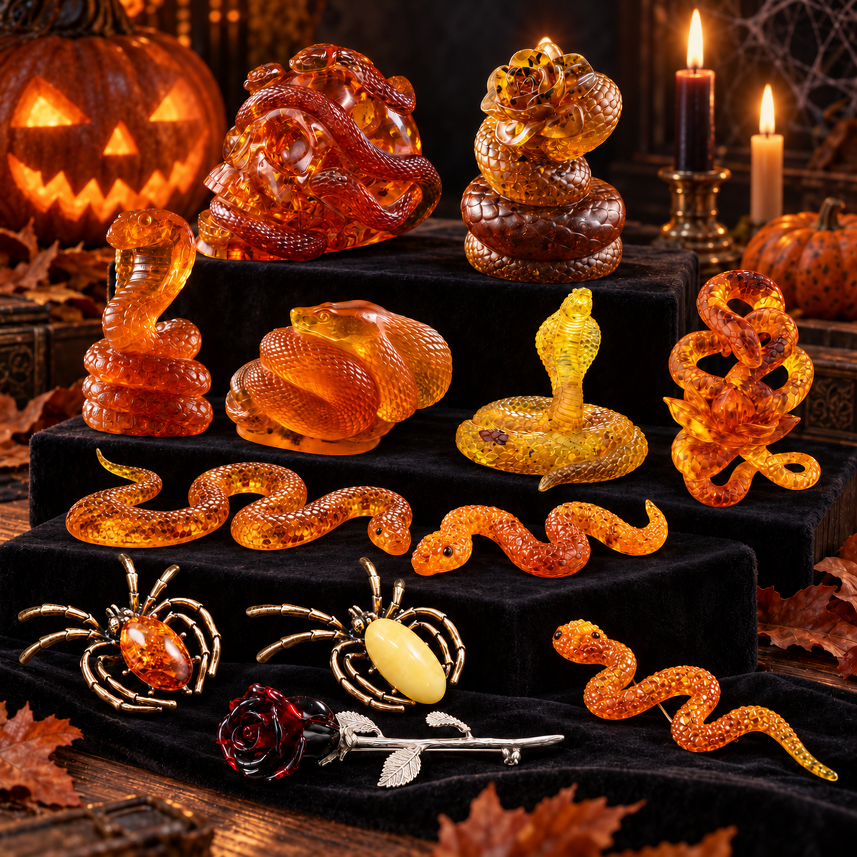 KIZIMA Halloween collection display with amber snake and skull figurines, spider brooches and a rose brooch on black velvet beside pumpkins and candles