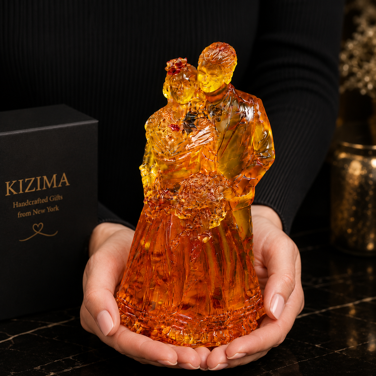 Baltic amber wedding couple figurine handmade in USA by KIZIMA, honey-gold sculpture front view