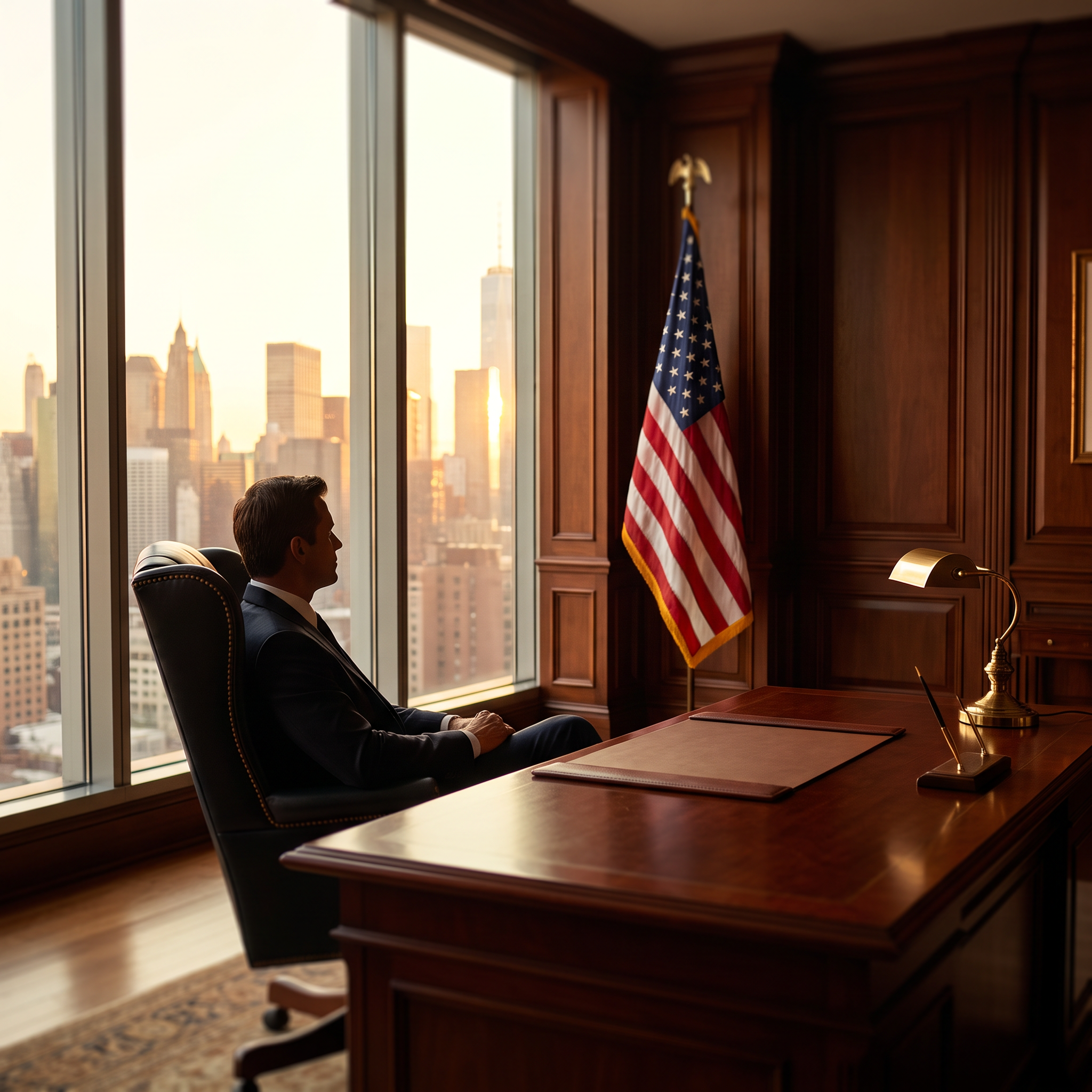 Made in USA luxury executive office overlooking Manhattan skyline with American flag KIZIMA Boss's Day amber gifts
