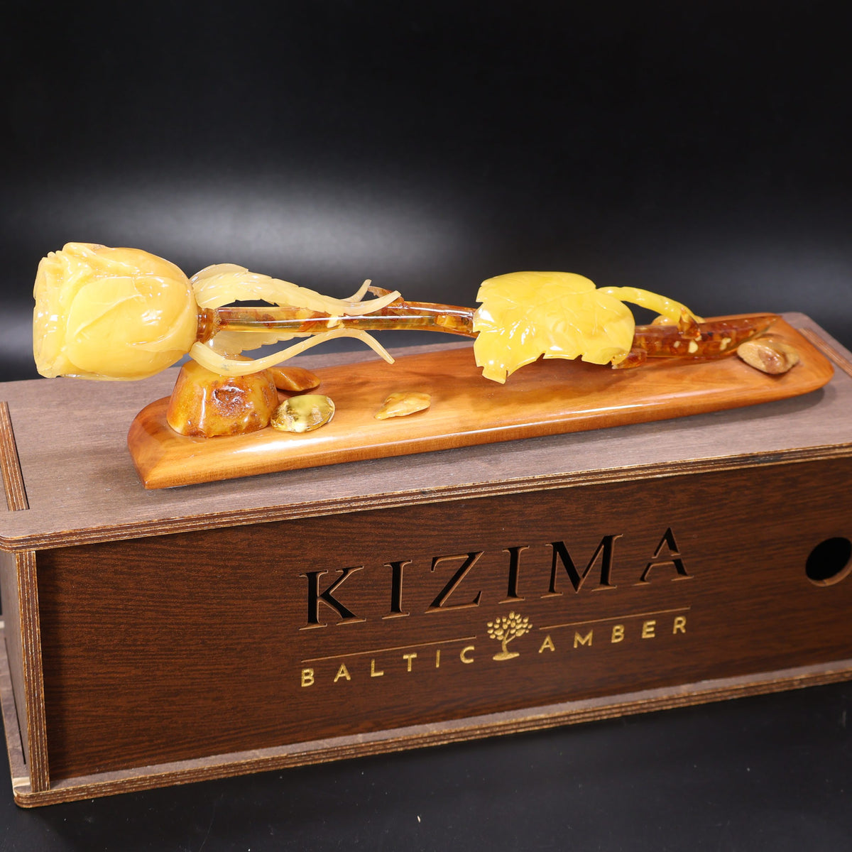 KIZIMA® amber rose Baltic amber sculpture — genuine amber decor, handmade in USA, detail view