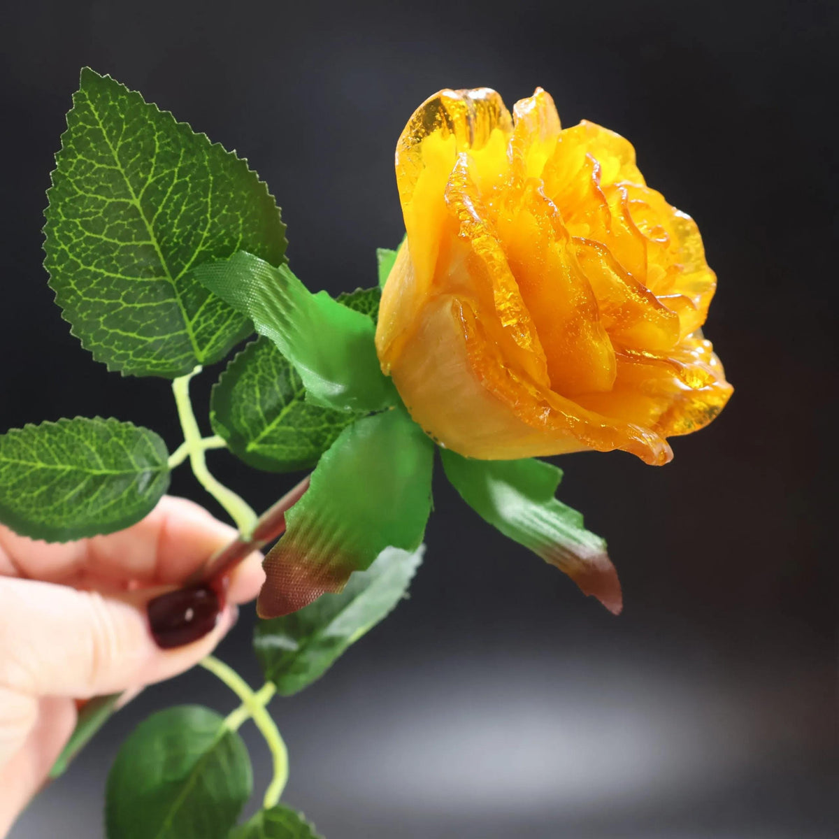 Eternal rose Baltic amber sculpture by KIZIMA® — genuine amber decor, handmade in USA, detail view