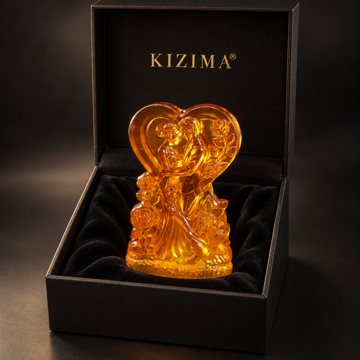 Amber wedding couple heart with KIZIMA® black gift box, ready-to-give engagement and bridal shower gift