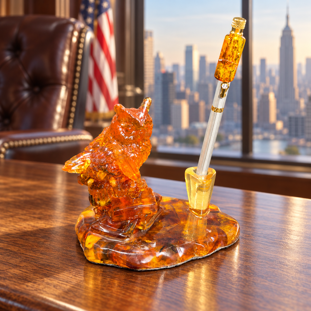 Made in USA natural Baltic amber owl pen holder on books, on an oak desk in a Manhattan office.