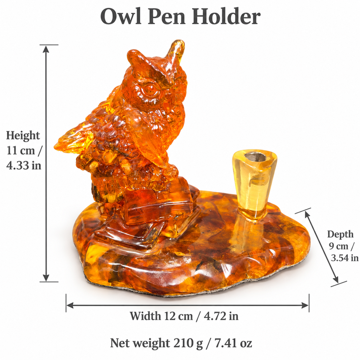 Owl pen holder dimensions: 11 by 12 by 9 cm and net weight 210 g