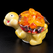 Made in USA Natural Baltic Amber mini turtle figurine, 3 cm smiling ceramic turtle with amber shell, black studio background — KIZIMA®