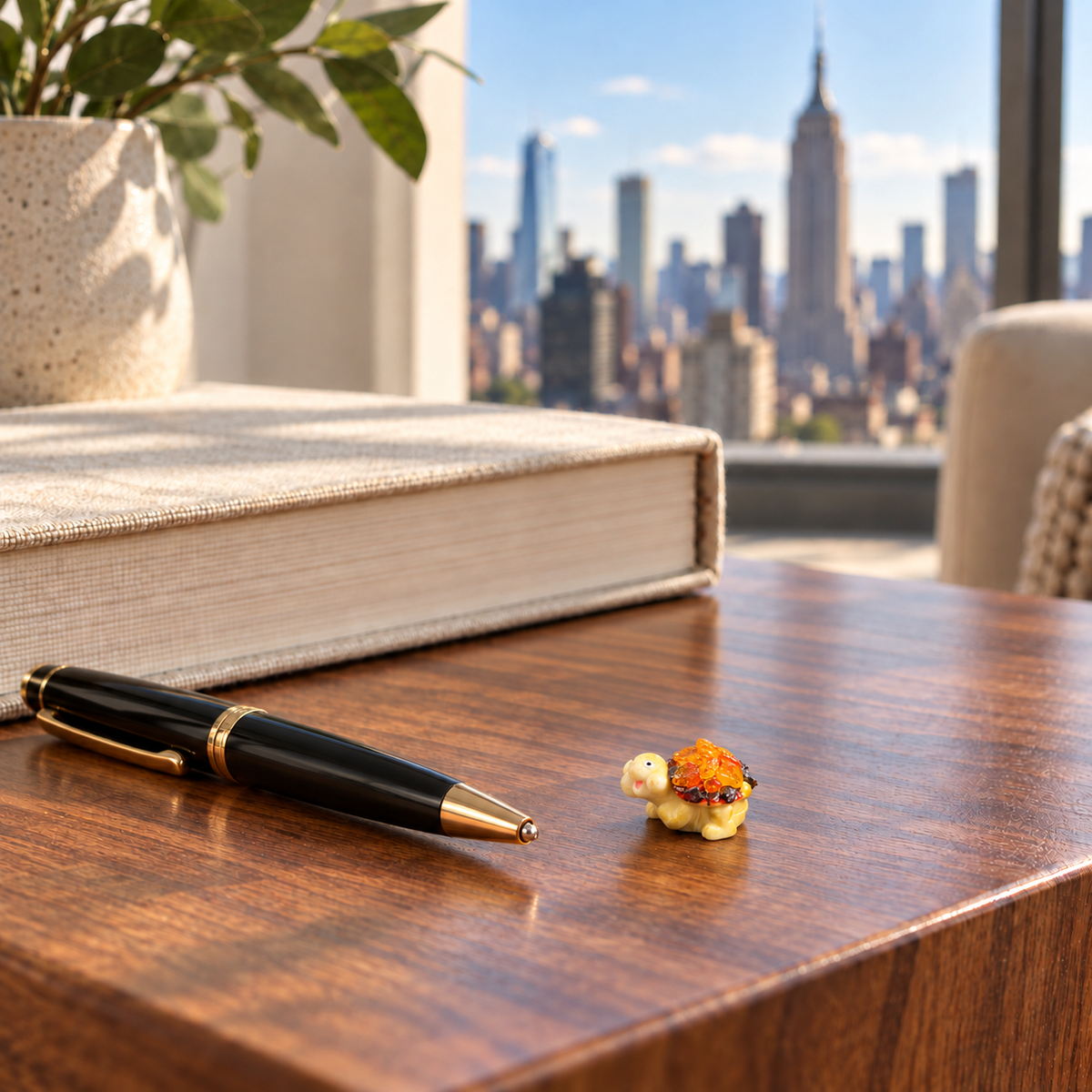 Tiny Baltic amber turtle figurine beside a pen and book in a Manhattan apartment — desk decor by KIZIMA®