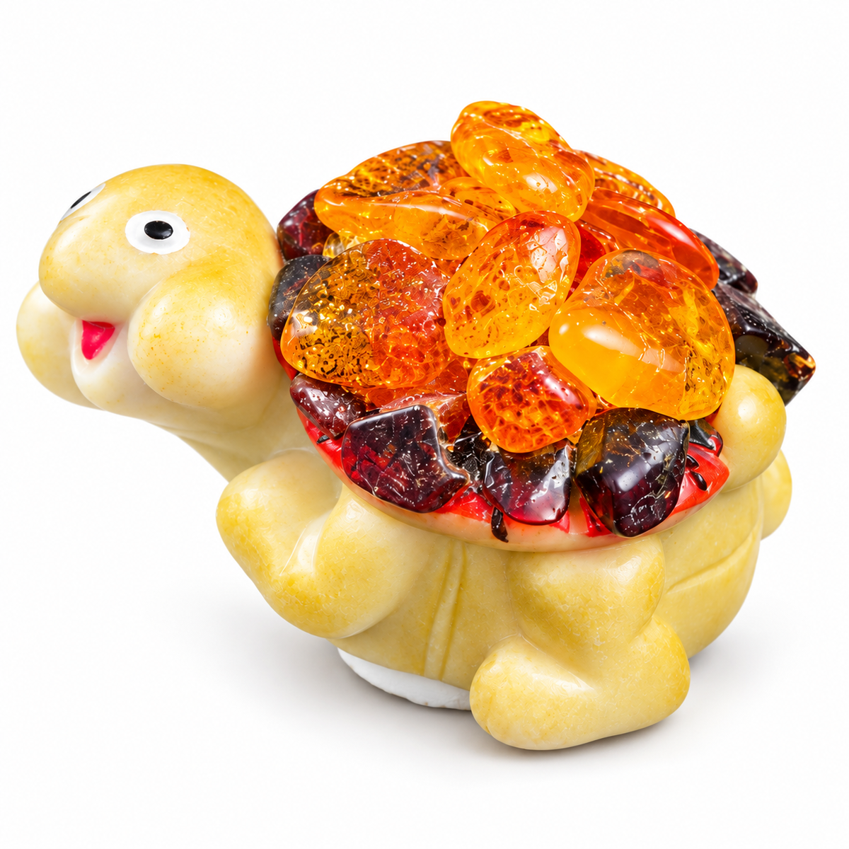 Natural Baltic Amber mini turtle figurine by KIZIMA®, white background — tiny handmade turtle gift
