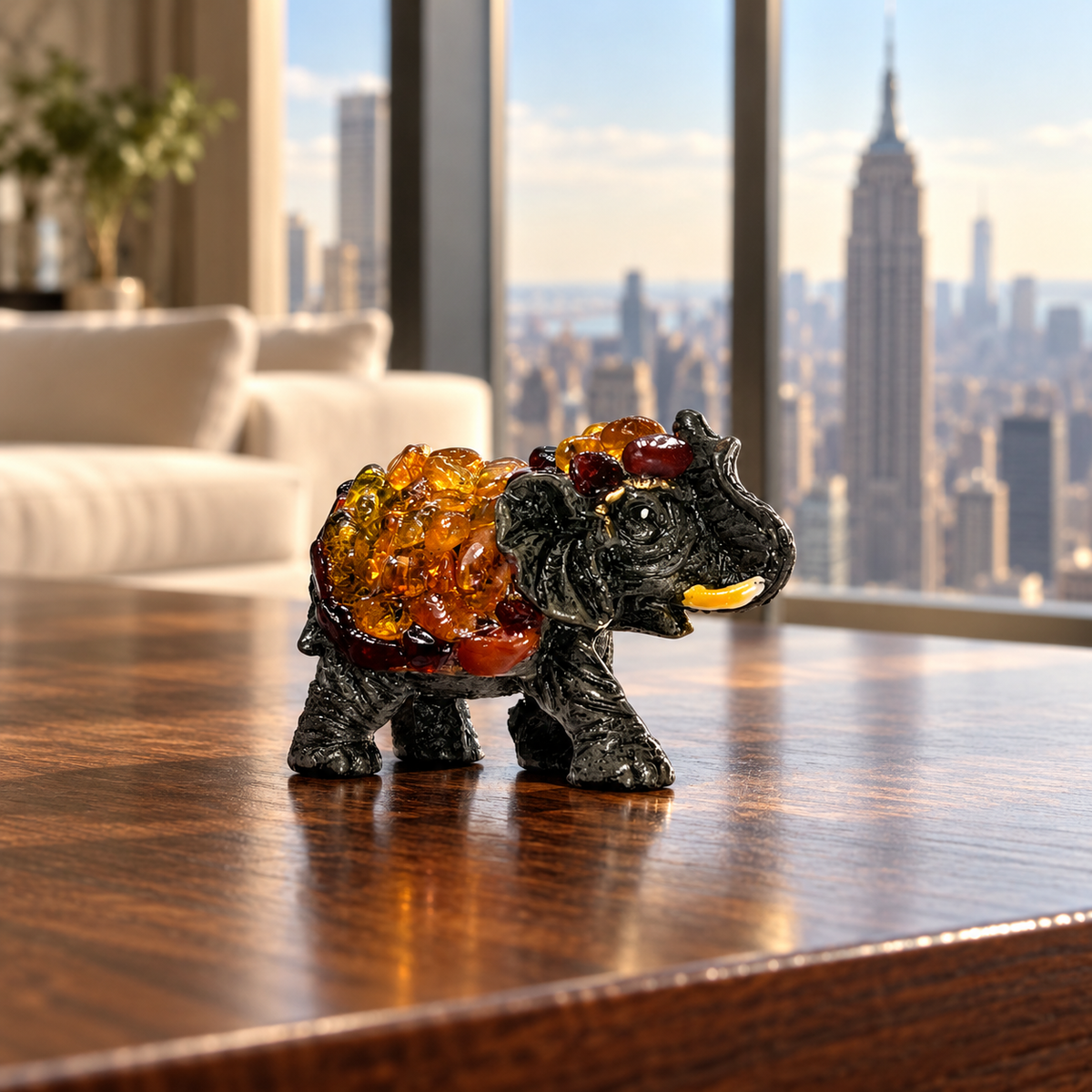 Baltic amber success elephant figurine S on a desk in a New York interior — handmade in Brooklyn by KIZIMA®