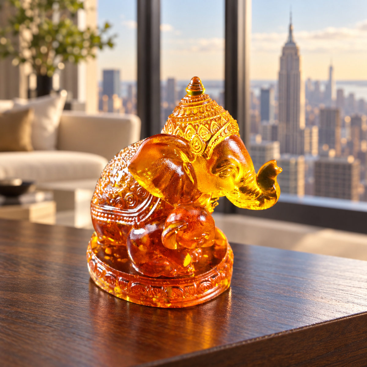 Baltic amber Ganesha statue in a New York home interior — handmade in Brooklyn by KIZIMA®