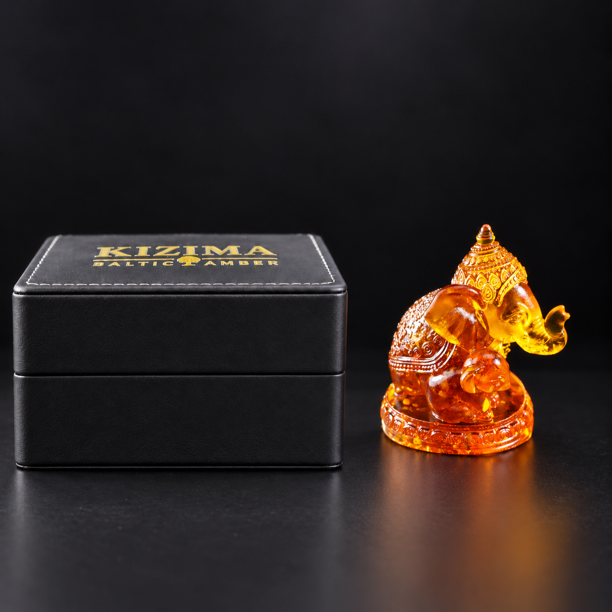 Baltic amber Ganesha statue, 10 cm, with KIZIMA® black gift box — Diwali and housewarming gift