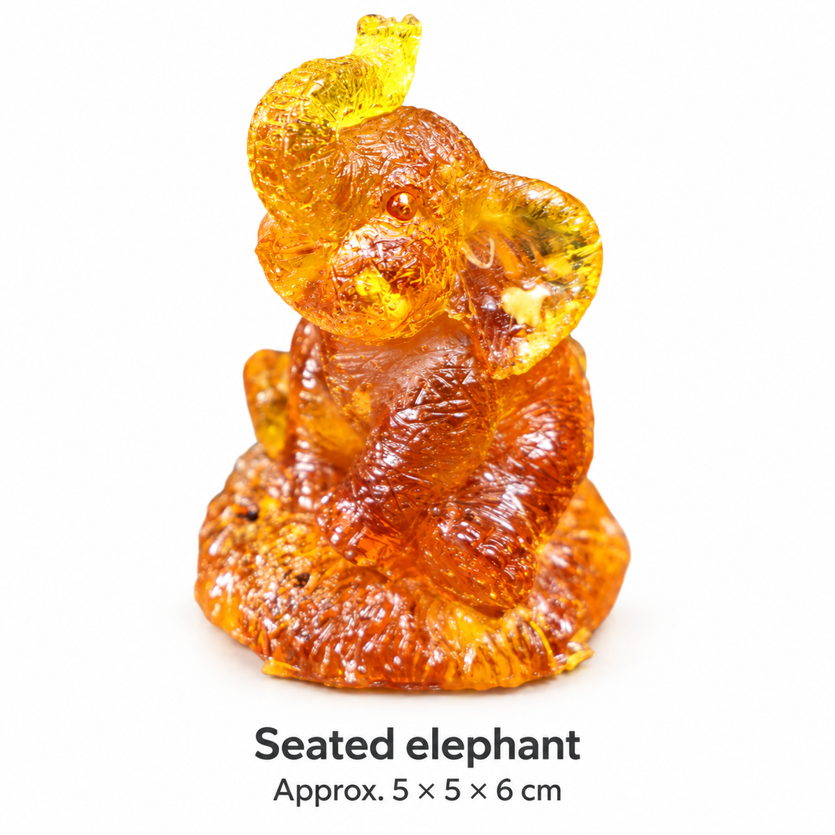 Size chart: KIZIMA® Baltic amber seated elephant, approx. 5 x 5 x 6 cm (2 x 2 x 2.4 in)