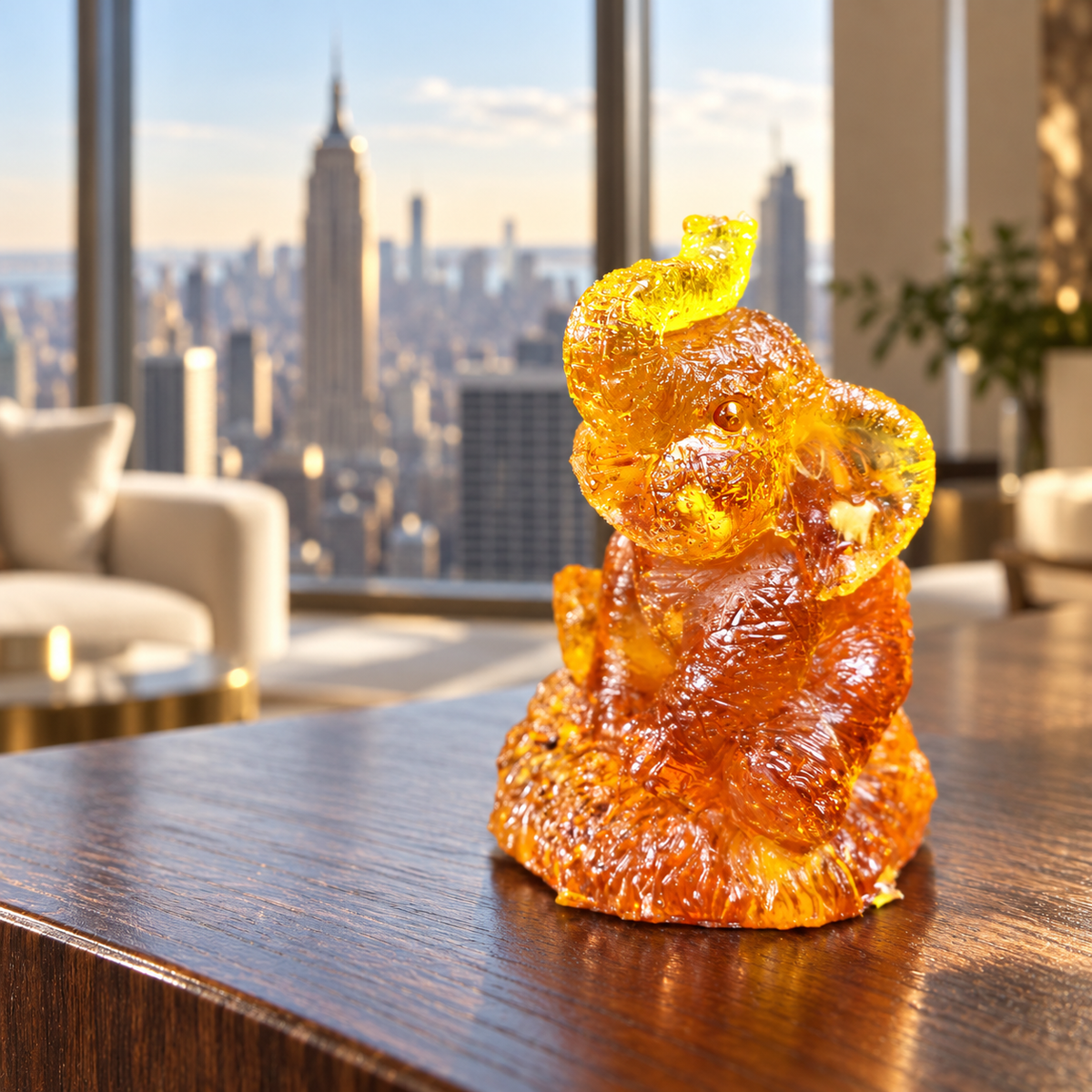 Baltic amber seated elephant figurine on a desk in a New York interior — handmade in Brooklyn by KIZIMA®