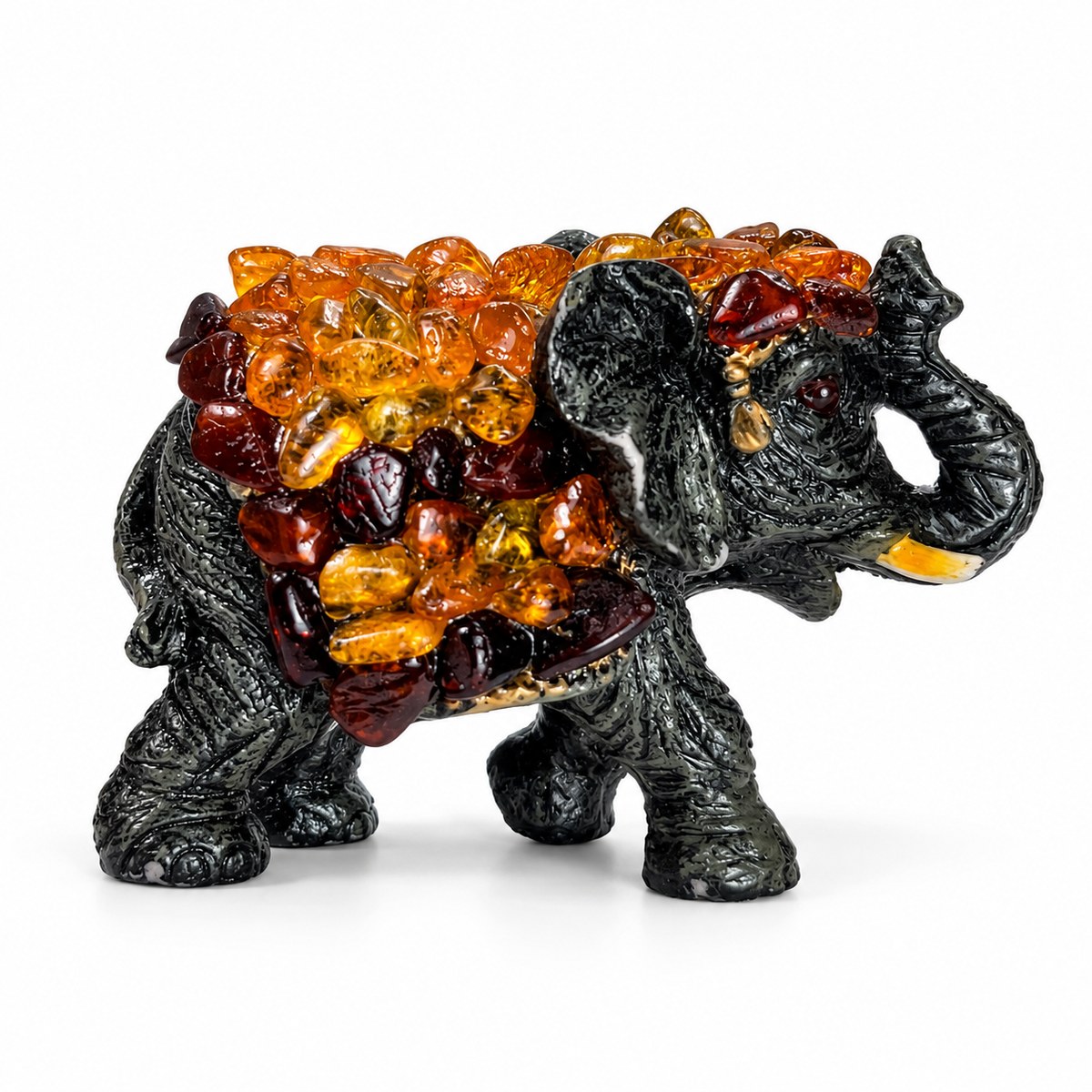 Natural Baltic Amber success elephant figurine size M by KIZIMA®, white background, feng shui elephant with raised trunk