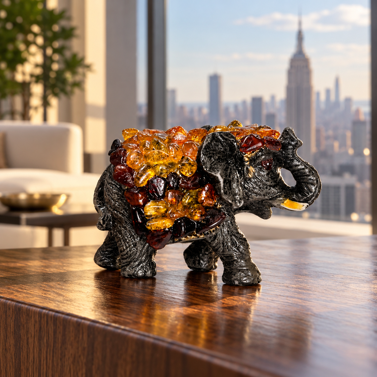 Baltic amber success elephant figurine M in a New York apartment interior — handmade in Brooklyn by KIZIMA®