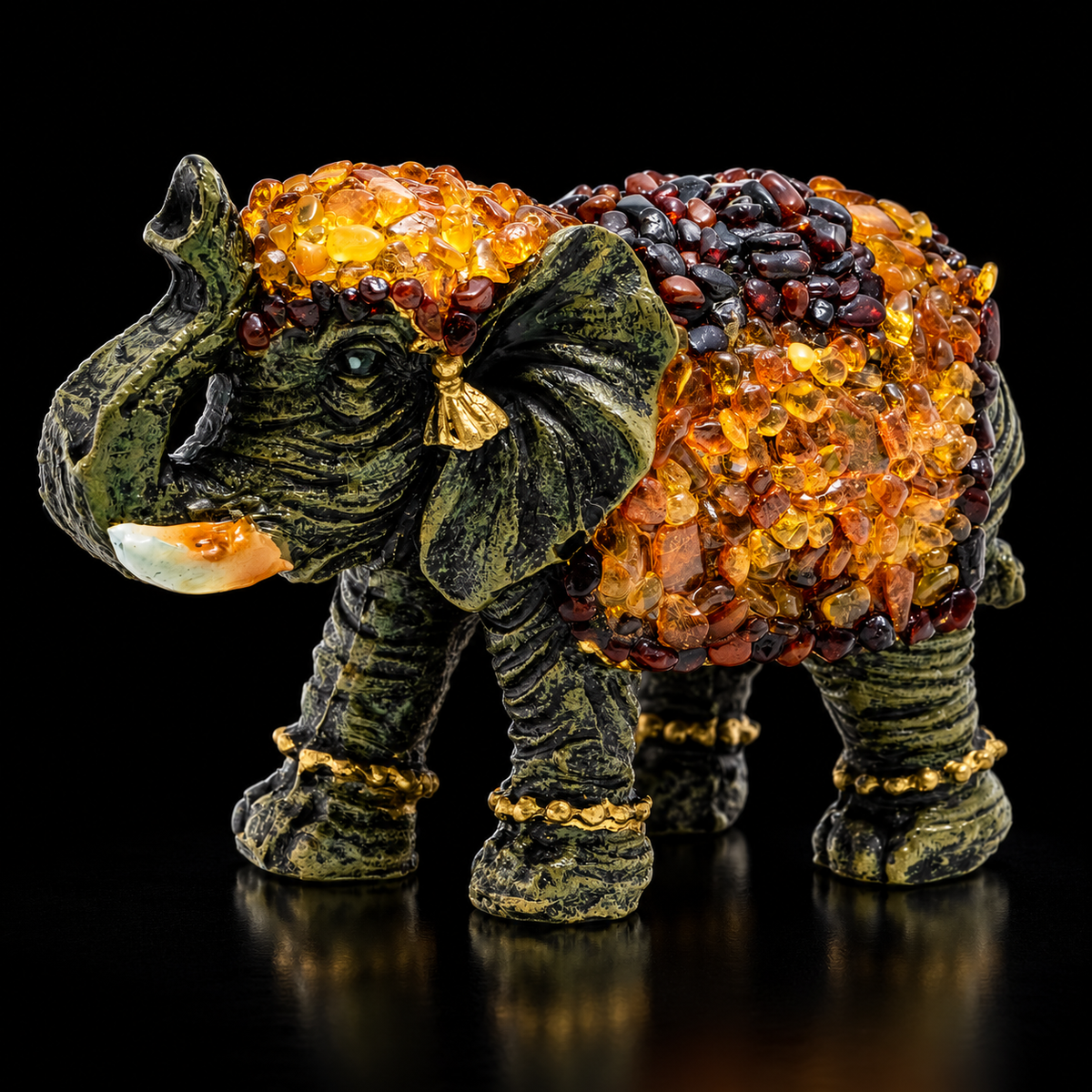 Made in USA Natural Baltic Amber success elephant figurine size L, trunk up, amber mosaic over dark base, black studio background — KIZIMA®