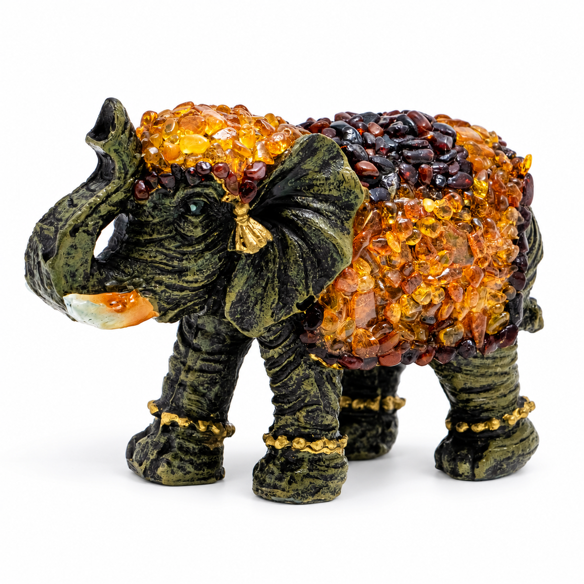 Natural Baltic Amber success elephant figurine size L by KIZIMA®, white background, lucky elephant with raised trunk