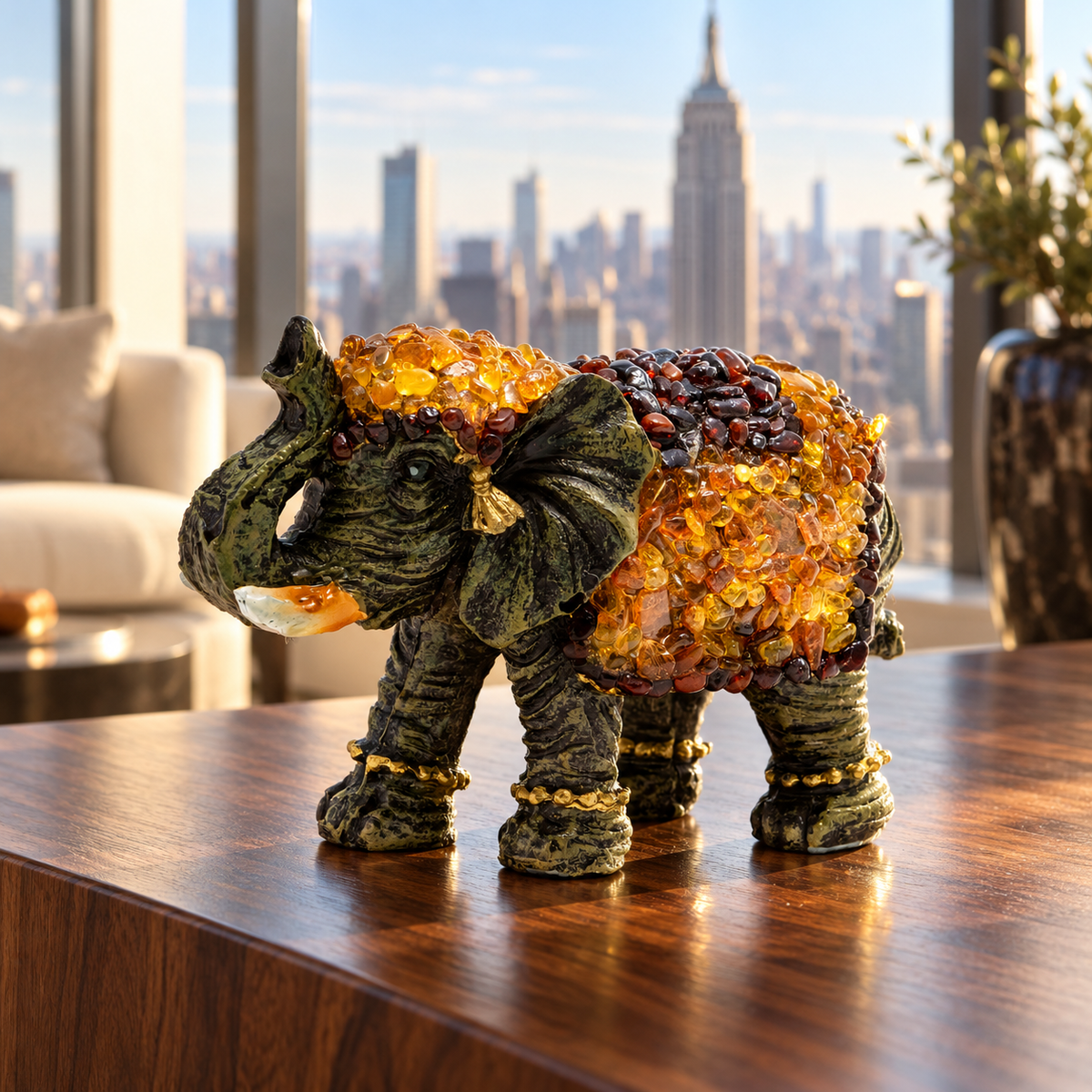 Baltic amber success elephant figurine L on a shelf in a New York interior — handmade in Brooklyn by KIZIMA®
