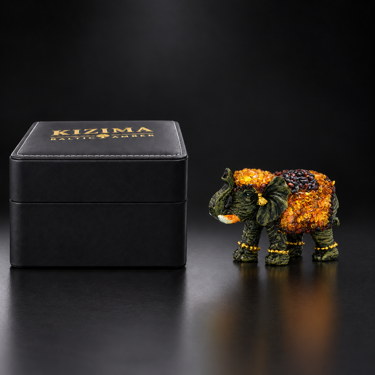 Baltic amber success elephant figurine L with KIZIMA® black gift box — collectible elephant gift