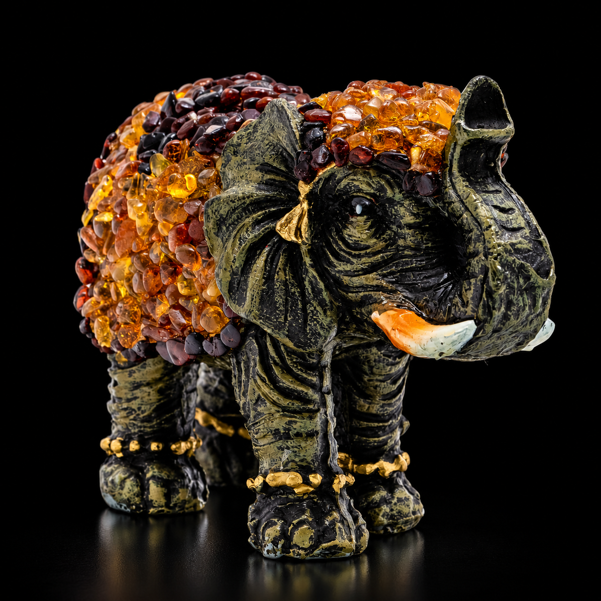 Made in USA Natural Baltic Amber success elephant figurine size XL, trunk up, large amber mosaic sculpture, black studio background — KIZIMA®