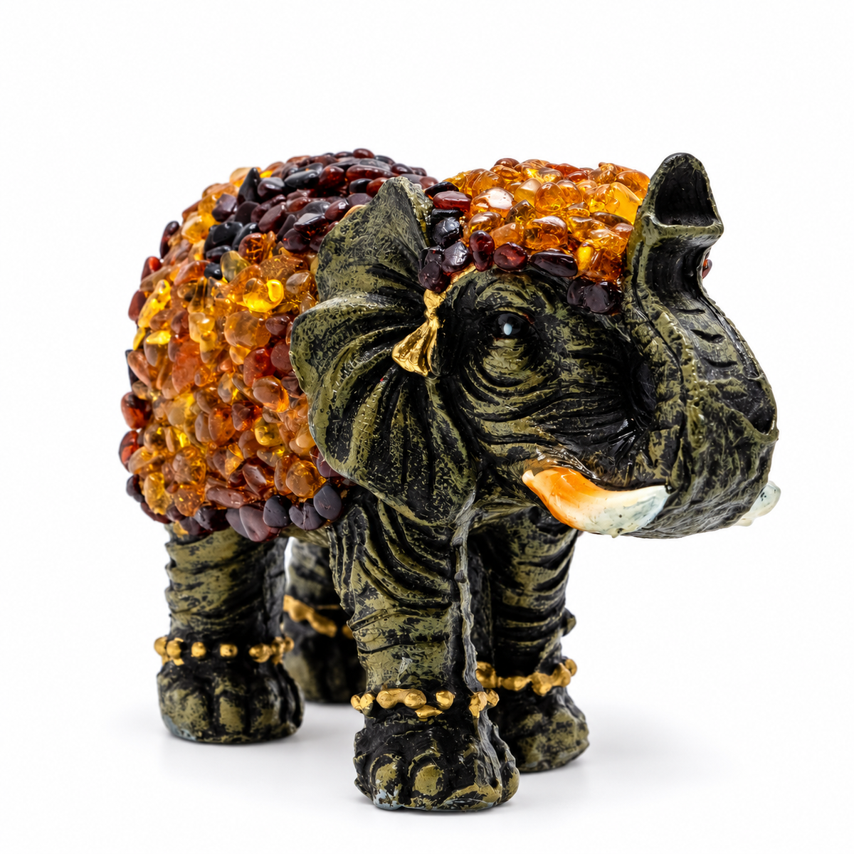 Natural Baltic Amber success elephant figurine size XL by KIZIMA®, white background, large feng shui elephant
