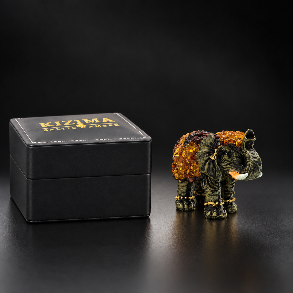 Baltic amber success elephant figurine XL with KIZIMA® black gift box — luxury elephant gift