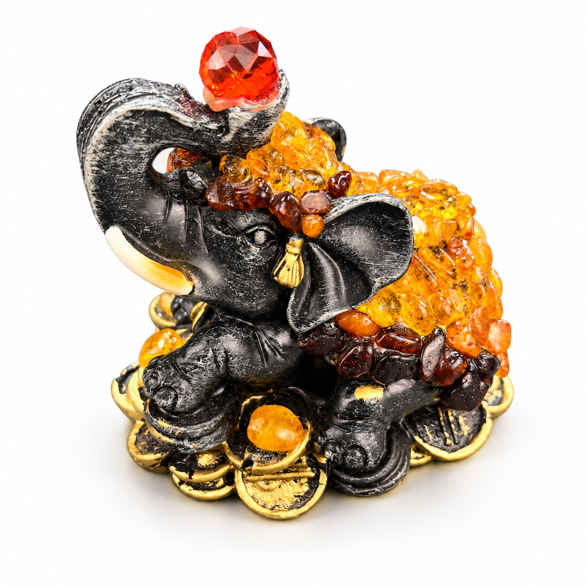 Natural Baltic Amber Money Elephant figurine by KIZIMA®, white background, prosperity elephant on a bed of coins
