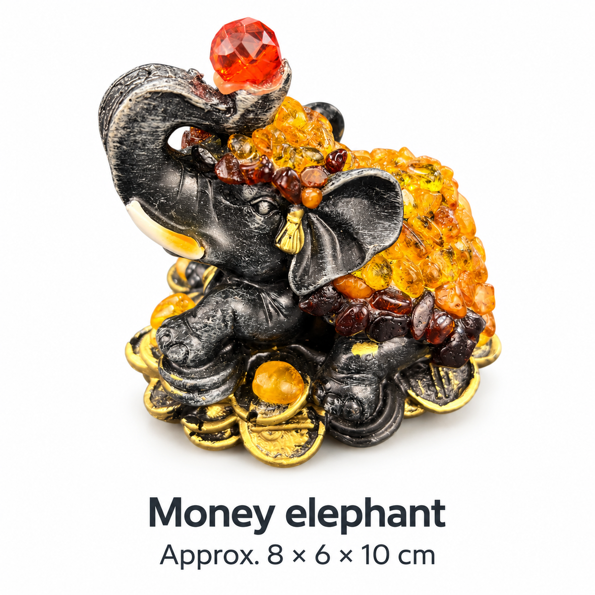 Size chart: KIZIMA® Baltic amber Money Elephant, approx. 8 x 6 x 10 cm (3.1 x 2.4 x 3.9 in)