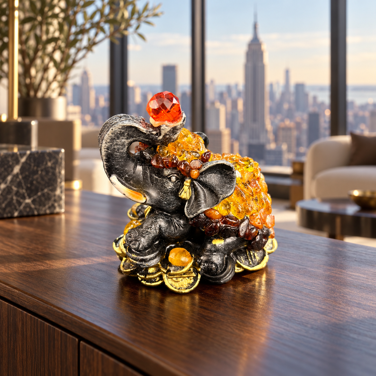 Baltic amber Money Elephant figurine in a New York interior — handmade in Brooklyn by KIZIMA®