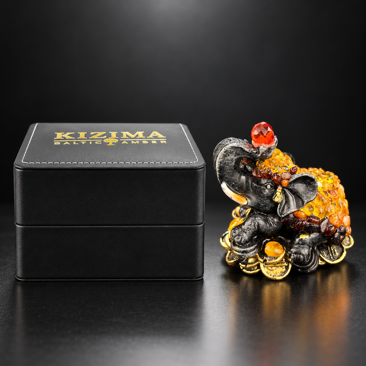 Baltic amber Money Elephant figurine with KIZIMA® black gift box — wealth and good luck gift