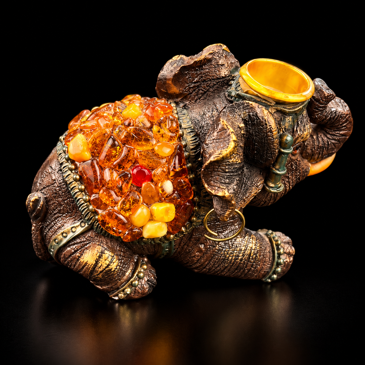 Made in USA Natural Baltic Amber Elephant Candle Holder, tea light cup on amber mosaic back, black studio background — KIZIMA®