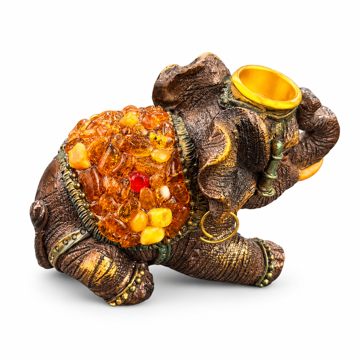 Natural Baltic Amber Elephant Candle Holder figurine by KIZIMA®, white background, decorative amber tea light holder