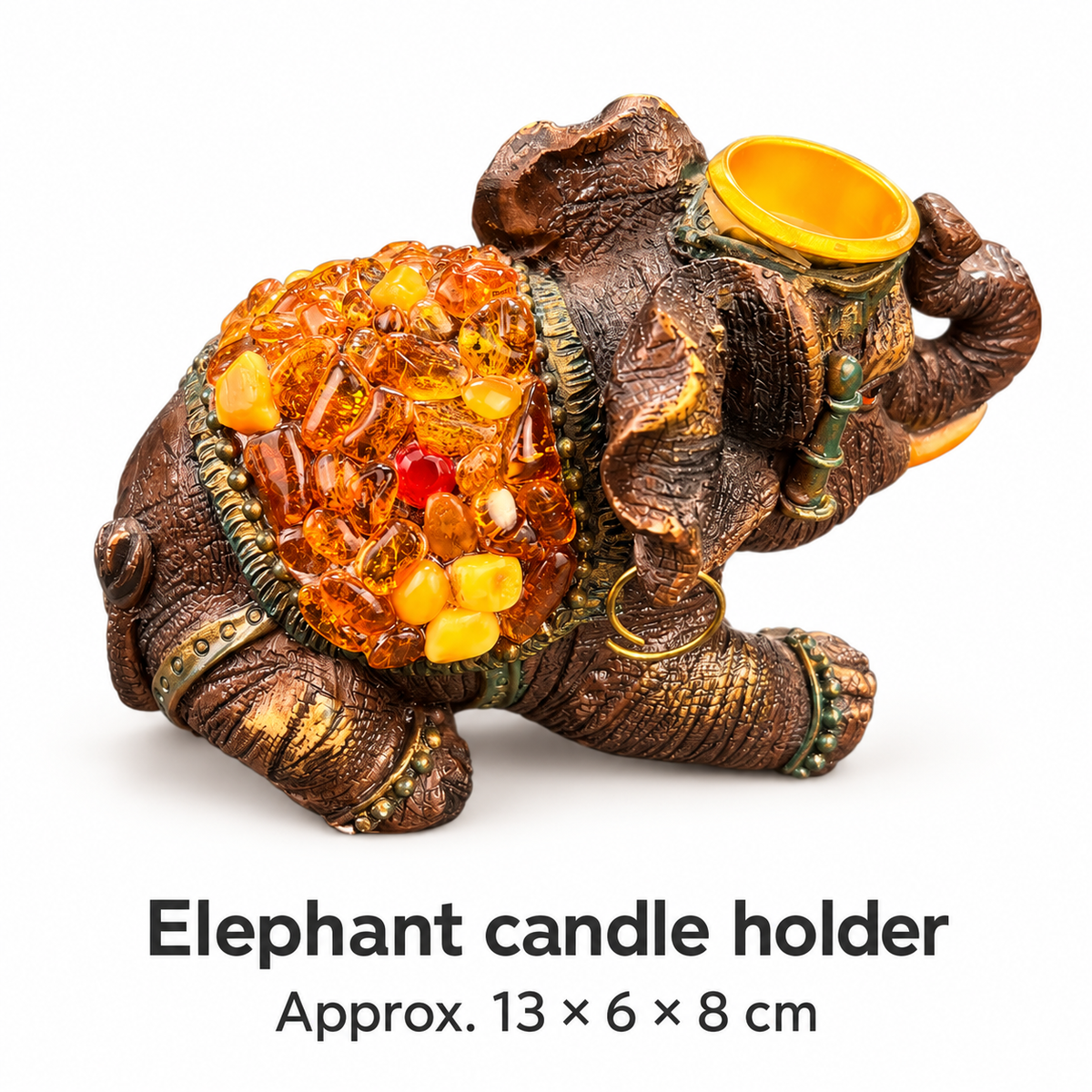 Size chart: KIZIMA® Baltic amber Elephant Candle Holder, approx. 13 x 6 x 8 cm (5.1 x 2.4 x 3.1 in)