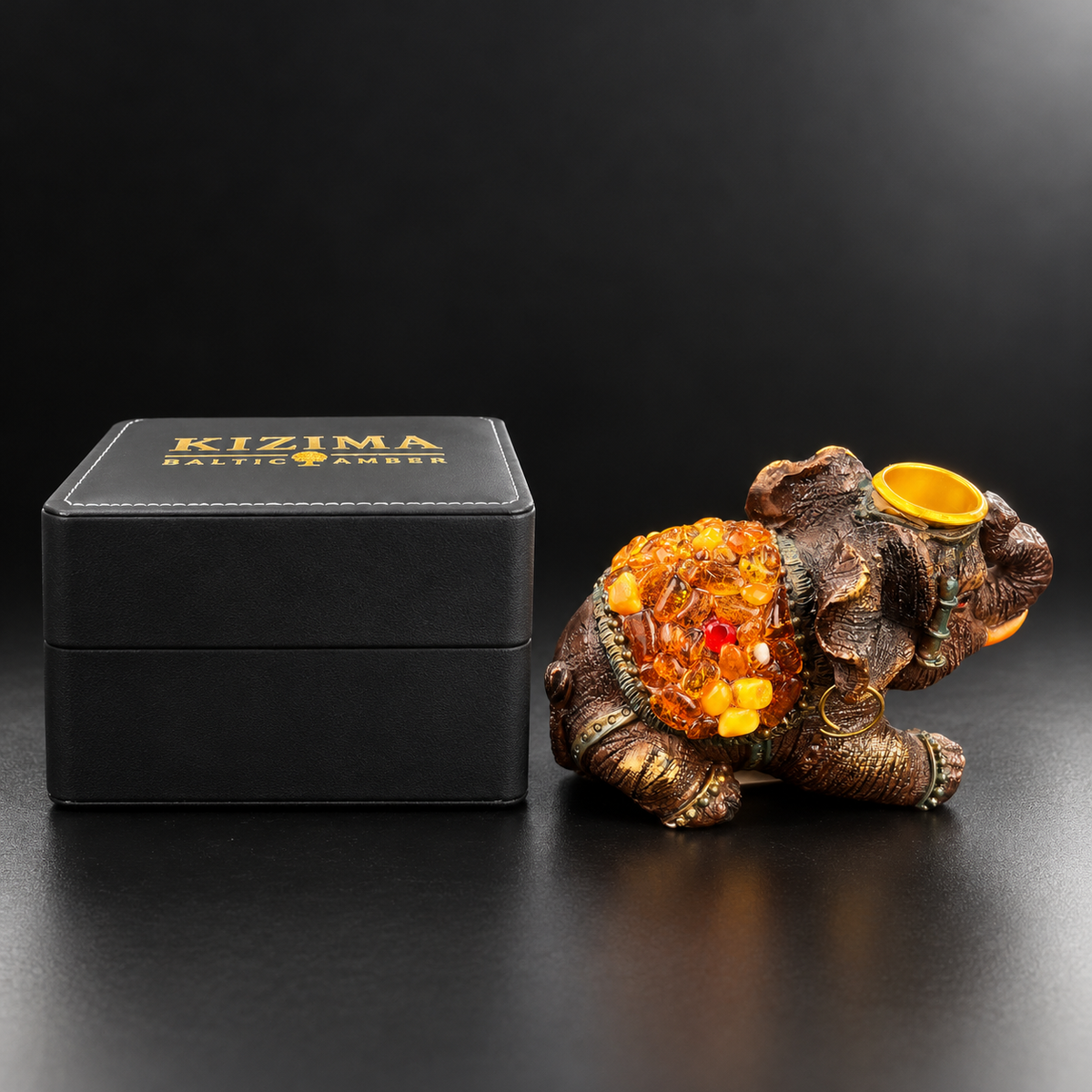 Baltic amber Elephant Candle Holder with KIZIMA® black gift box — elephant home decor gift