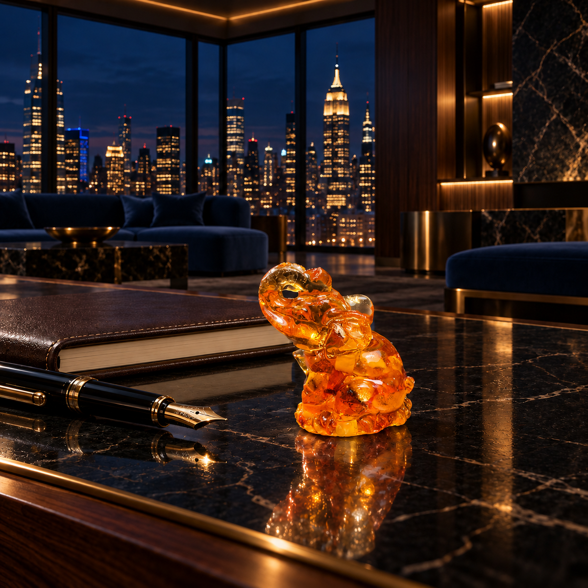 KIZIMA Baltic amber seated elephant with raised trunk on a black marble desk beside a fountain pen, overlooking Manhattan at night.
