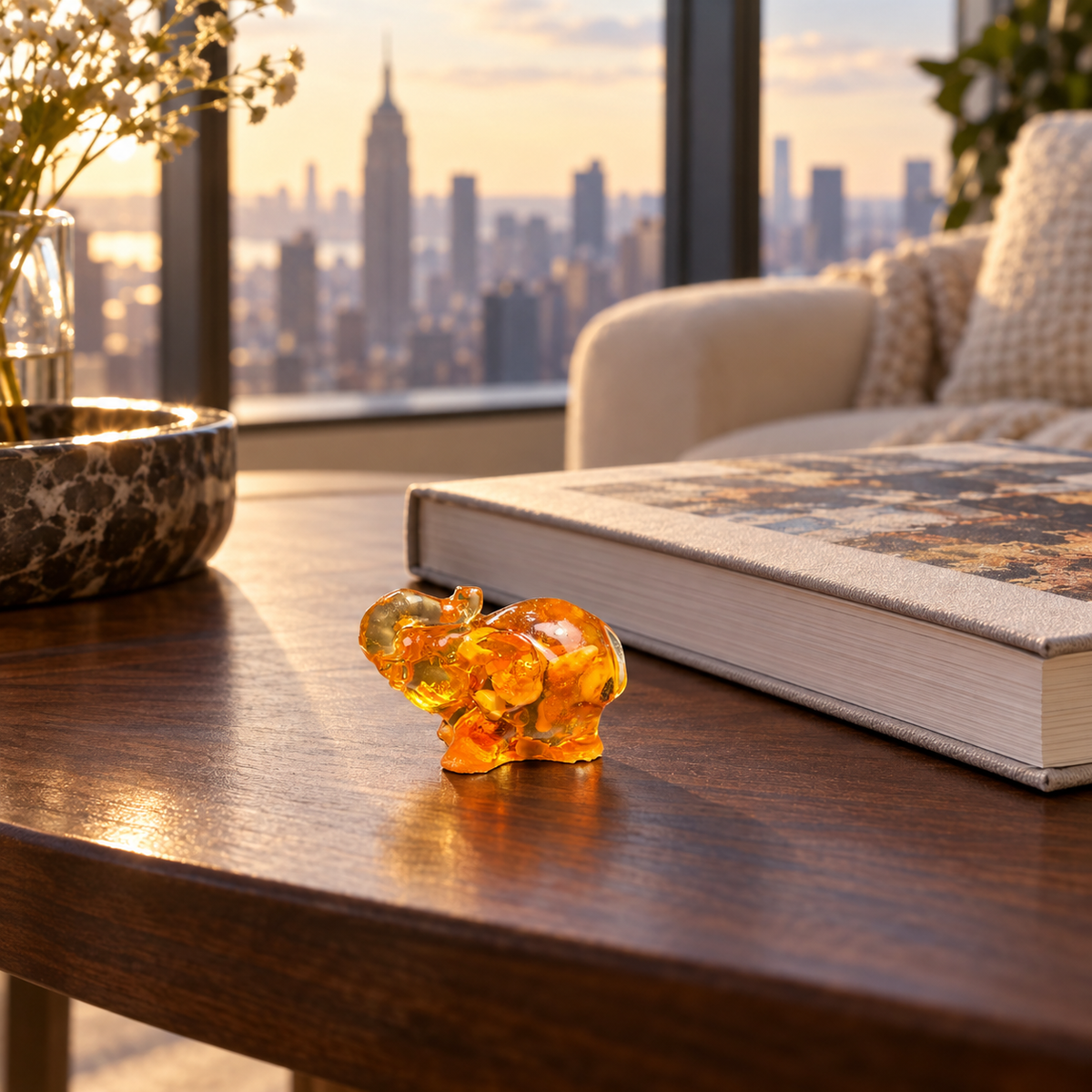 Baltic amber mini elephant figurine on a desk in a New York interior — handmade in Brooklyn by KIZIMA®
