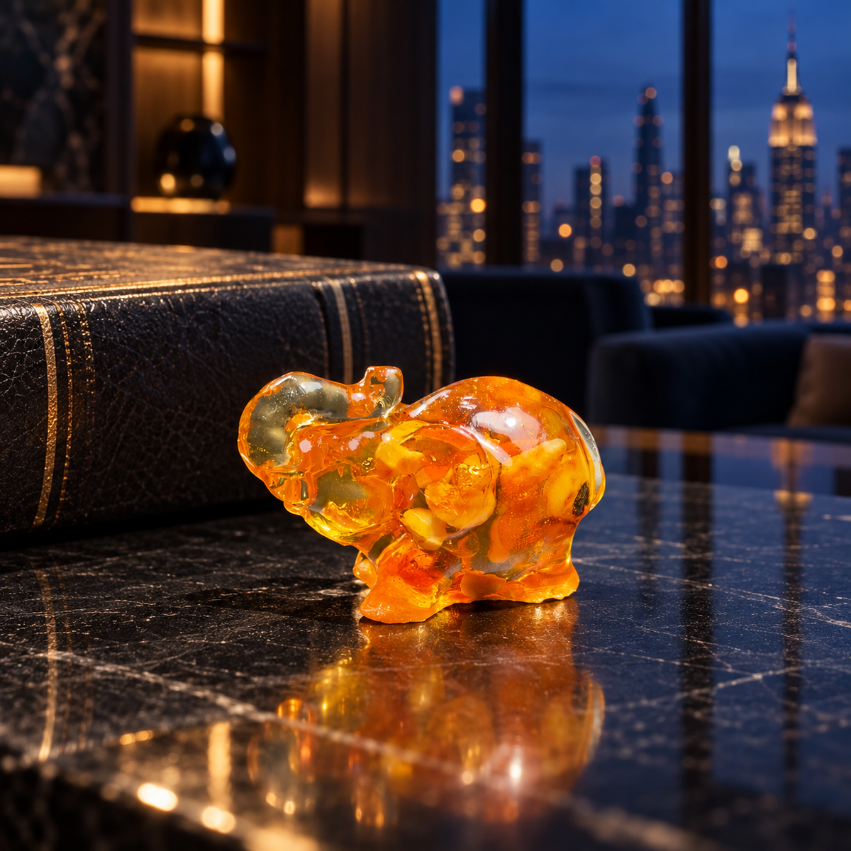 KIZIMA miniature Baltic amber elephant with raised trunk beside a leather-bound book on black marble, with Manhattan lights in the background.