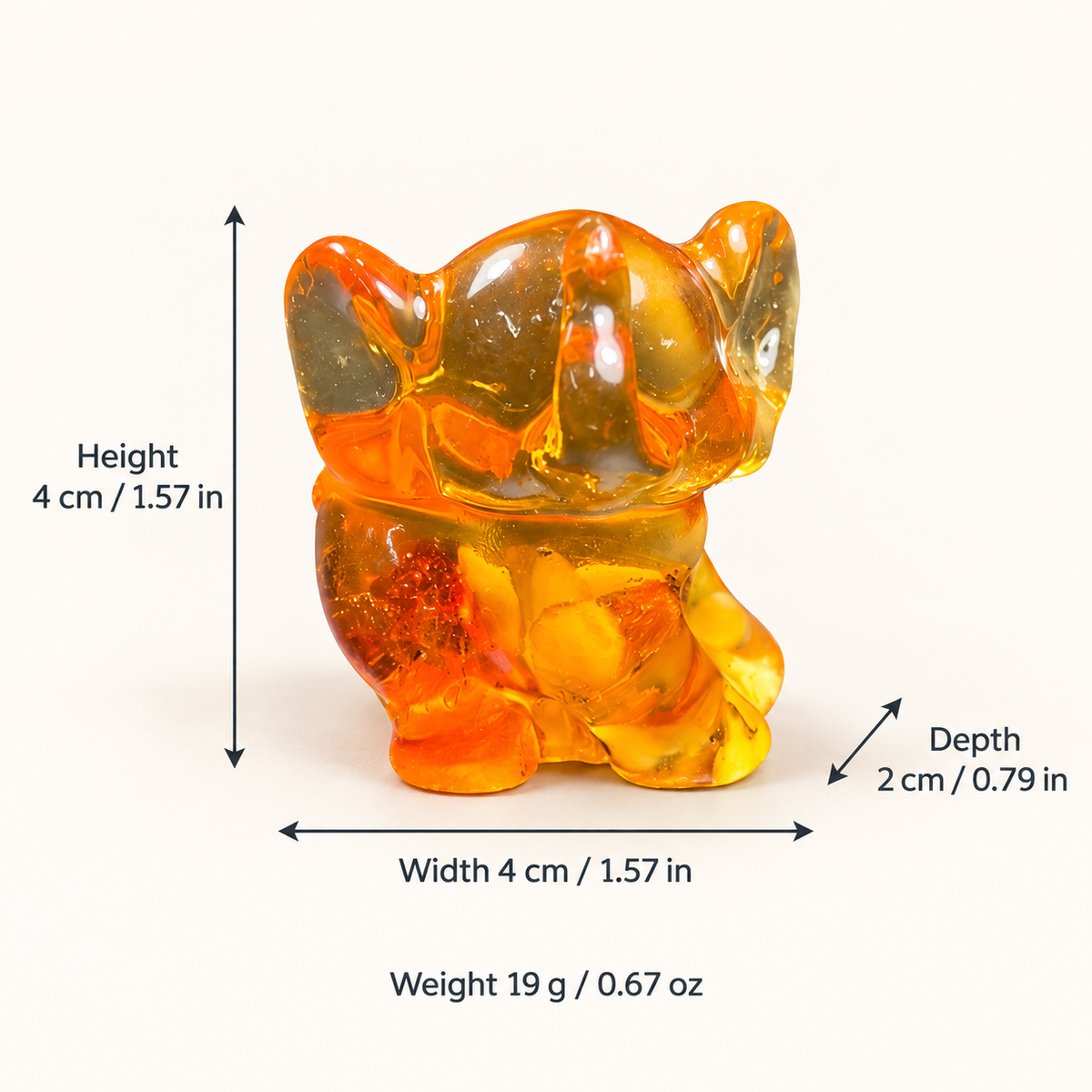 Size chart: KIZIMA® Baltic amber baby elephant, H 4 cm / 1.57 in, W 4 cm / 1.57 in, D 2 cm / 0.79 in, 19 g / 0.67 oz