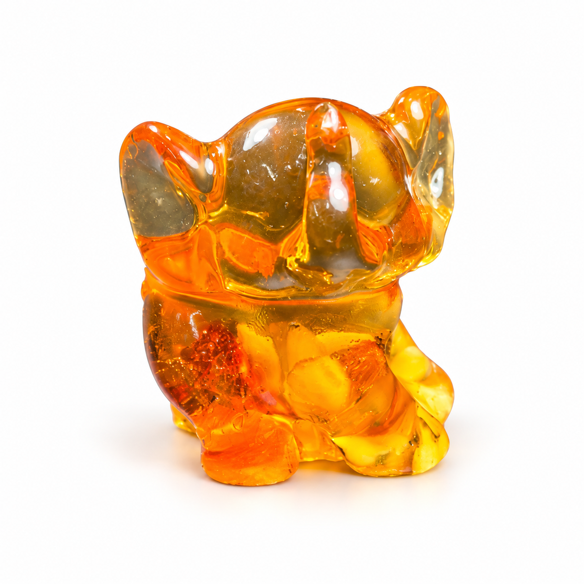 Natural Baltic Amber baby elephant figurine by KIZIMA®, white background — cute elephant gift