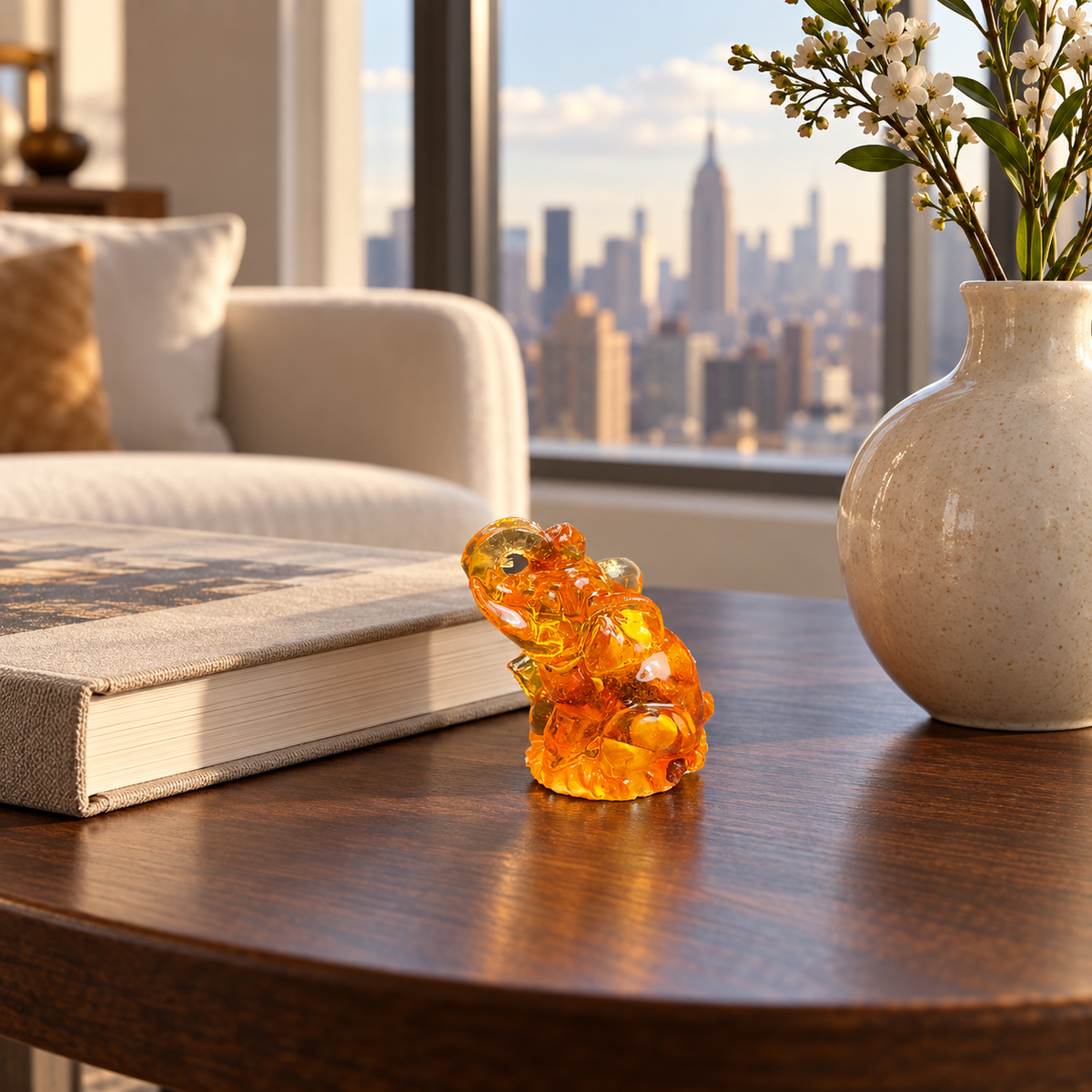 Baltic amber seated elephant figurine on a desk in a New York interior — handmade in Brooklyn by KIZIMA®
