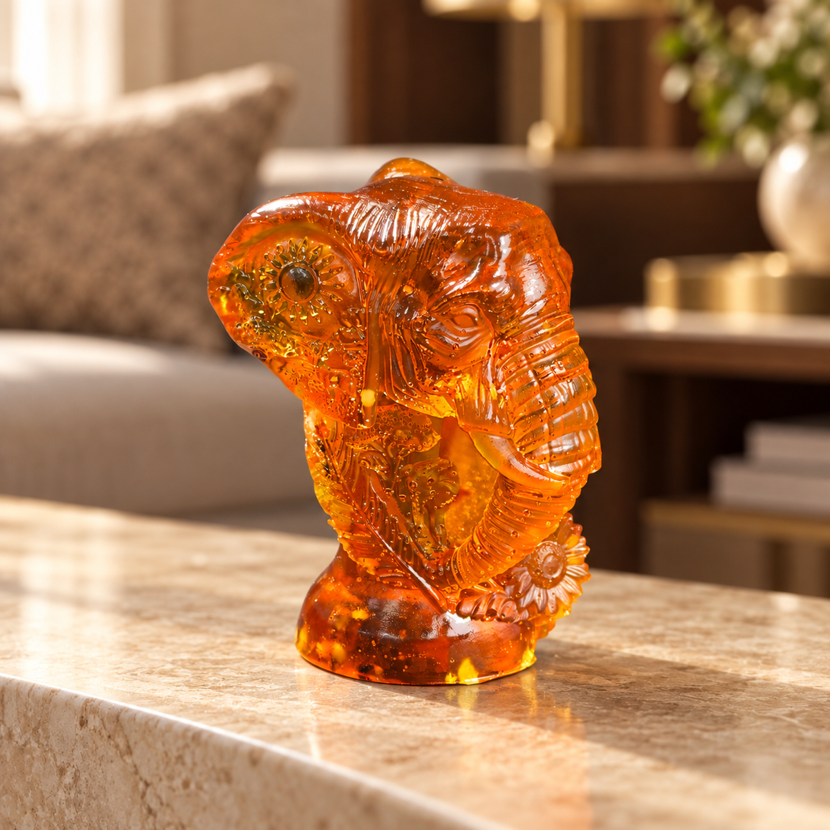 Baltic amber Ganesha head statue in a luxury home interior — handmade in Brooklyn by KIZIMA®